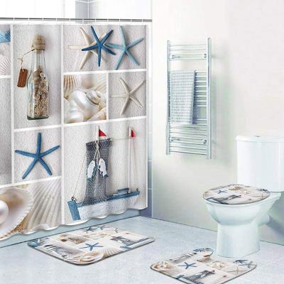 China Sustainable Custom Waterproof 3D Bathroom Shower Curtain Set With 4 Pcs for sale