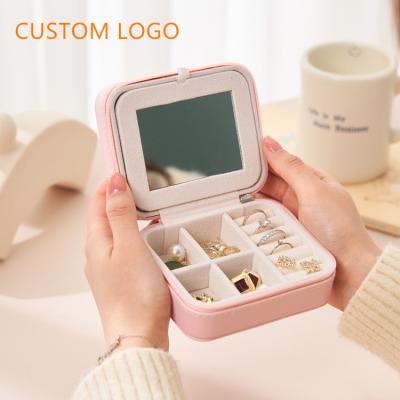 China Mini Portable Custom Logo Small Organizer Jewelery Gift Jewel Boxes White Pink Velvet Blue Travel Faux Leather Storage Jewelry Case for sale