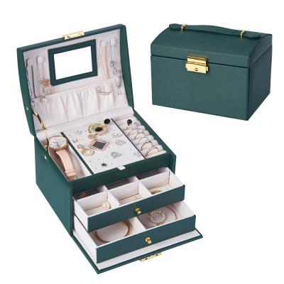 China New Design Luxury Custom Leather Jewelry Boxes Green DrawerJewelry Box Logo Pouch Mirror Velvet Pu Necklace Bracelet Storage Organizer for sale