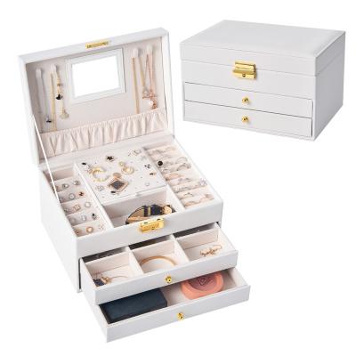 China New Factory Large Capacity PU Velvet Earring Wooden Jewelry Bracelet Storage Packaging Case 3 Layer Lock Jewelry Box Large for sale