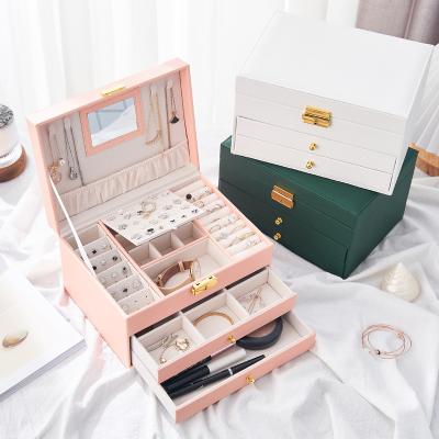 China New Factory Large Capacity PU Velvet Earring Wooden Jewelry Bracelet Storage Packaging Case 3 Layer Lock Jewelry Box Large for sale