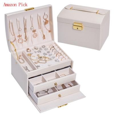 China Amazon 3 Layer PU Velvet Bracelet Necklace Earring Storage Jewelry Case Leather Organizer Amazon Hot Girls Women Large 3 Layer Jewelry Box for sale