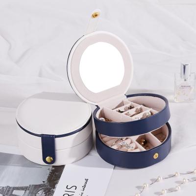 China Custom Handmade Portable Travel Jewelry Button Case Storage Organizer Leather Jewelry Box with Mirror for Rings Earrings Necklace for sale