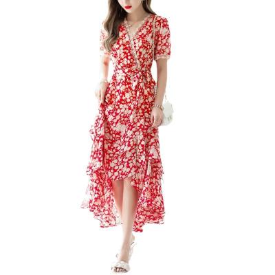 China Plus Size Quality Women Ruffled Red Chiffon Floral Print Beach Dresses V Neck Short Sleeve High Waist Dress for sale