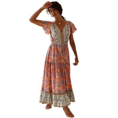 China Casual dress vintage women plus size bohemian beach dress lady boho beach dress girl v-neck v-neck plus kaftans printed dresses for sale