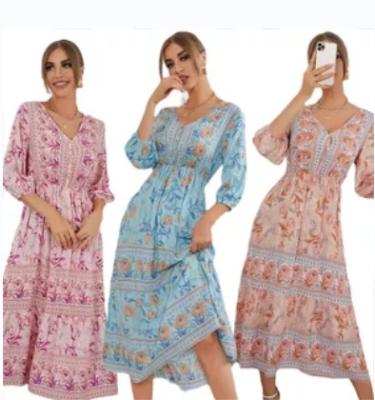 China Plus Size Vintage V-Neck Floral Beach Vacation Printed Maxi Dress Women Bohemian Plus Size Midi Long Dress for sale