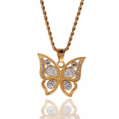 China Two Tone Hollow Stainless Steel Hip Hop Rhinestone Butterfly Necklace Jewelry Pendant Necklace Men for sale