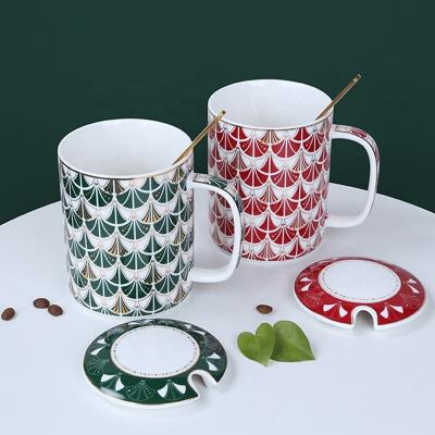 China Sustainable Good Price Green And Red Scale Pattern Ceramic Coffee Cups And Saucer For Christmas Gifts for sale