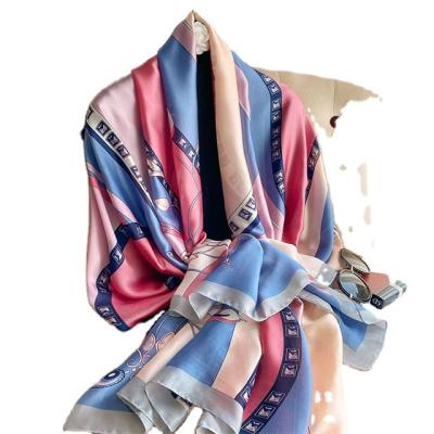 China New Women's Summer Long Sunscreen Plain Weave Silk Satin Beach Towel Decorative Printing Silk Scarf for sale