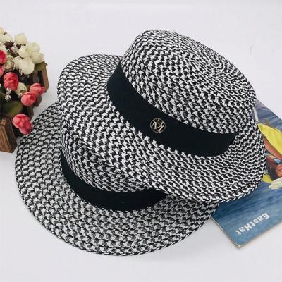 China Spring and Summer Straw Hat Sun Hat Small Dobby Wagon Plaid Wide Flat Cap Wide Brim Black and White Scented Straw Hat for sale