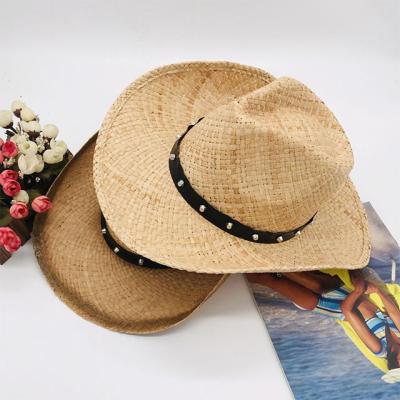 China Dobby Raffia Straw Hat Men Cowboy Hat Seaside Vacation Sun Outdoor Beach Hat for sale