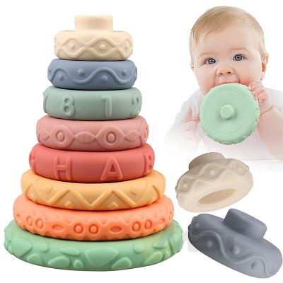 China Develop Smart Toys Montessori Educational Montessori Toddler Baby Blocks Infant Development Teething Learning Tower 8 Pcs Stacking Rings Soft Toys for sale