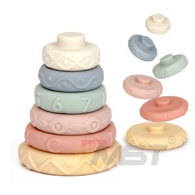 China Early Educational Stacker Silicone Rings Building Blocks Toy DIY Kids Soft Block Baby Stacking Learning Tower 6PCS Sets for sale