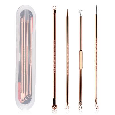 China Acne Treatment Ready To Ship Comedone Acne Blackhead Extractor Tool 4pcs Gold Color Stainless Steel With Case Package for sale