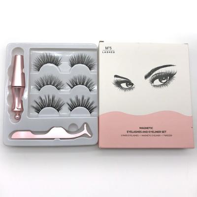 China Long Natural No Glue Needed Magnetic False Lashes 3D Reusable Magnetic Eyelashes Set With Eyeliner Tweezers for sale