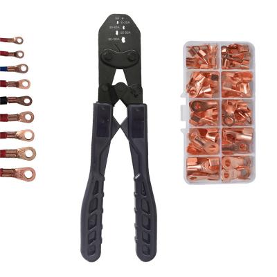 China Crimping Tool Crimper Plier with 70pcs Open Barrel Copper Ring Lug Terminals Assortment Set OT 10A to 50A for sale