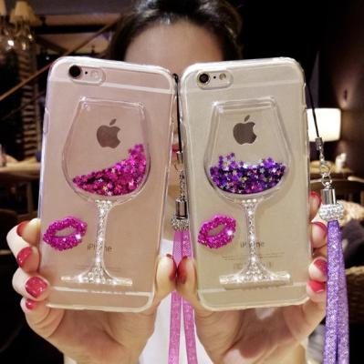 China Liquid quicksand i6s / 5s diamond lips cellphone case, iphone7plus blossoming wine glass lanyard back shell for sale