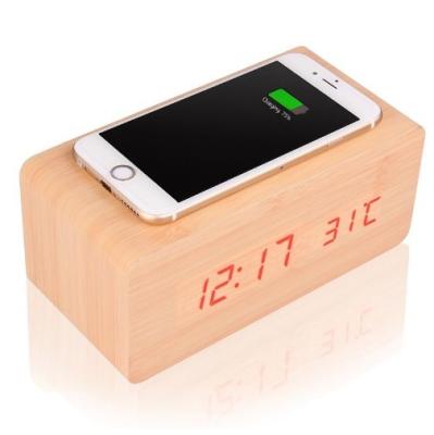 China Multi Functional Wooden Alarm Clock , Wireless Cell Phone Charger With Timer Thermometer for sale