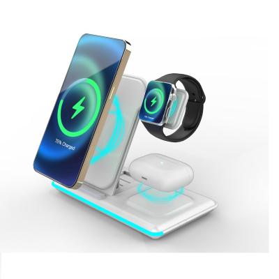 China Portable Mobile Phone Fold 3 in 1 Magnetic Qi Wireless Phone Charger Holder for iPhone Foldable Wireless Charger for Apple Fast Charging for sale