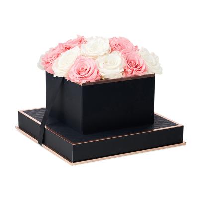 China Luxury Handmade Custom Paper Gift Wrapping Rose Flower Box With Lid Round Cardboard Wedding Gift Logo High Quality Black Printing for sale