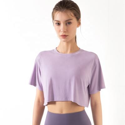 China Breathable Gym Short Crop Sleeve T-shirt Sports Top Fitness Shirt Women Loosen Naked-Feel Fabric Workout Leisure Yoga Butter-Soft Blouse for sale