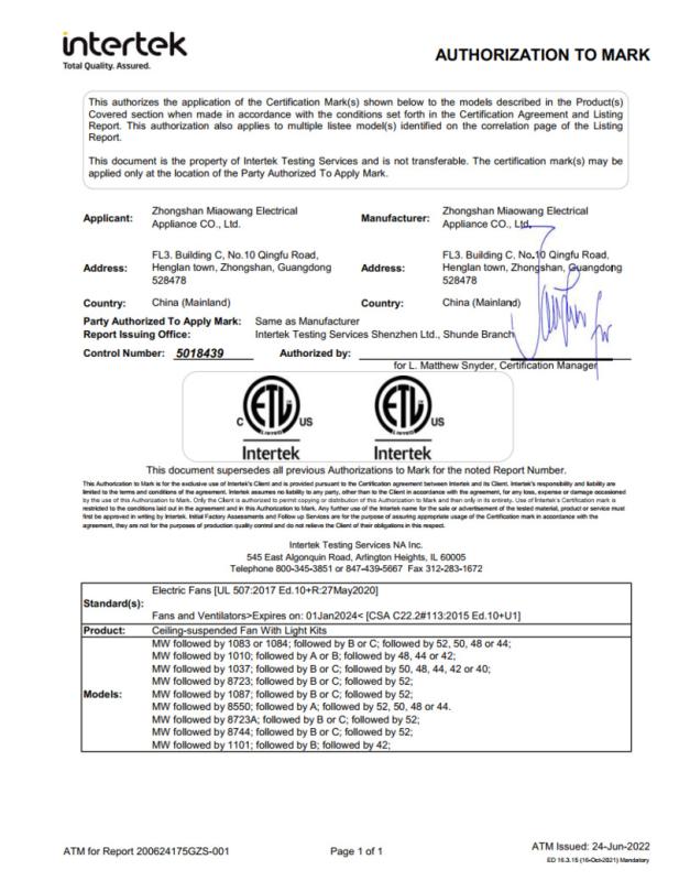 ETL - Zhongshan Miaowang Electric Appliance Co., Ltd.