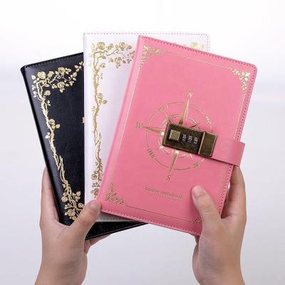 China Hot Sale PU Leather Planners Locked Hardcover Book and Notebook Gift Boxes Set With Lock Logo Custom Business Line Paper Password Diary for sale