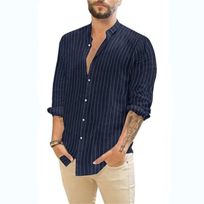 China Custom Long Sleeves Cardigan Stand Collar Shirt Gentleman Soft Single Striped Casual Shirt for sale