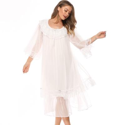 China Comfortable Net Nightgown Long Sleeve Nightgown Pajamas Ladies Lace Up Loose Home Dress Women Sleep Wear Pajamas for sale