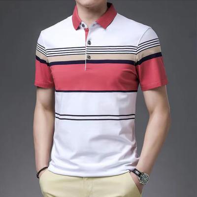 China Custom Brand Anti-wrinkle Multicolor Stripe Men Short Sleeve Basic Polo Shirt Striped Rugby Polo Shirt Wholesale for sale