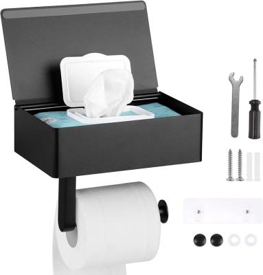 China Sustainable Toilet Paper Holder With Shelf And Storage Matte Black Stainless Steel Toilet Paper Holder With Flushable Wipes Holder for sale