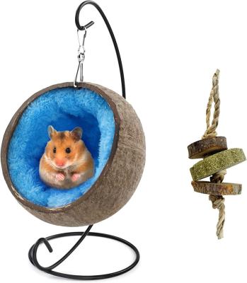 China Sustainable Natural Coconut Hamster Hideout Hammock with Molar Toy, Suspension Coconut Husk Hamster Bed House with Warm Pad, Small Animal for sale