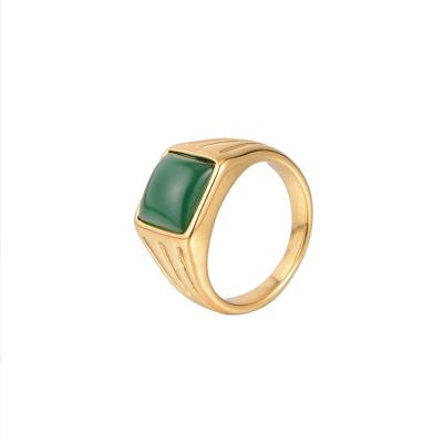 China Vintage Wholesale Fashion 18K Gold Plated Stainless Steel Square Curved Green Stone Ring For Women for sale