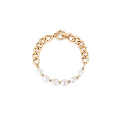 China Wholesale Romantic Fashion 18K Gold Plated Stainless Steel OT Clasp Bead and Patchwork Chain Bracelet for sale