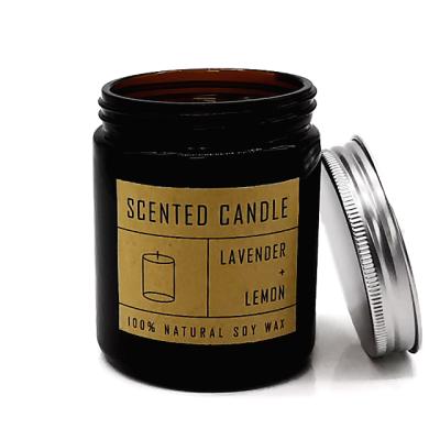 China Making Scented Candles LD25P Customized Label Amber Glass Candle Container With Silver Metal Lid for sale