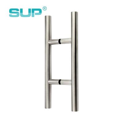 China Modern Diameter 25 Mm Round 304 Tube H Design Connection Solid Stainless Steel Glass Brushed Glass Office Barn Door Handles for sale