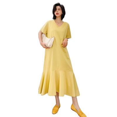 China Spring and Summer Sustainable Clothes Lengthened Knee Length Cotton V-Neck T-Shirt Dress for Women Loose and Slim Casual for sale