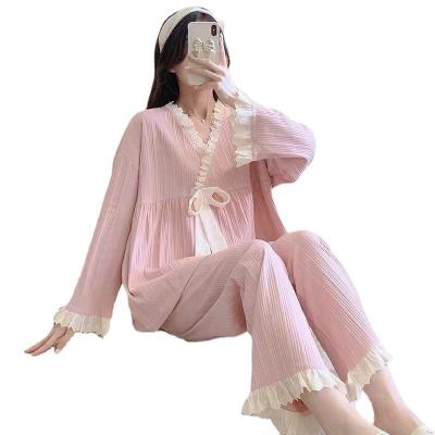 China QUICK DRY women's two-piece wrap candy spring pajamas long and v-neck solid color autumn set can be worn outside home clothes for sale