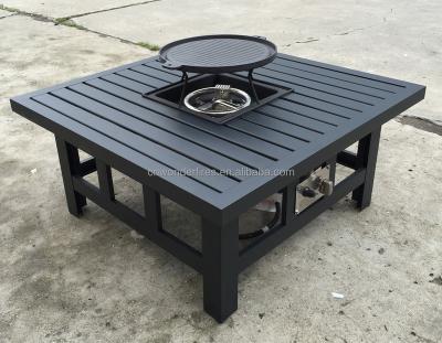 China Stocked Aluminum Outdoor Promo Gas Square Fire Pit Table With BBQ Griddles for sale