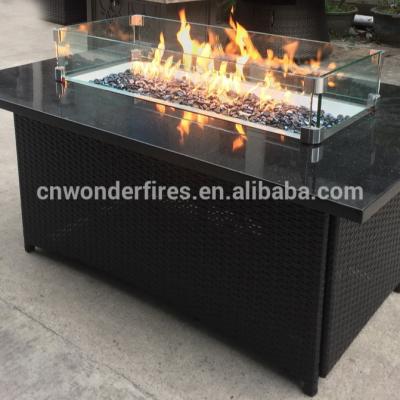 China 58 inch base wicker black stocked outdoor rectangle with granite top fire pit tables, stainless steel rectanlge fire pit bowls for sale