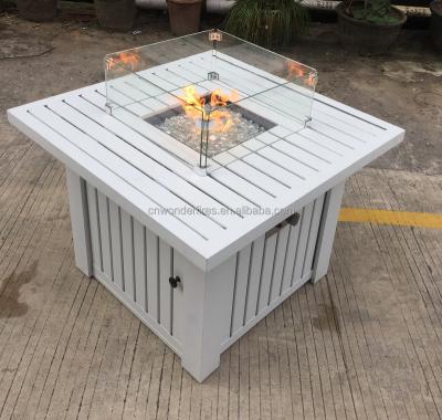 China Stocked 34 Inch White Coated Outdoor Square Slatted Aluminum Fire Pit Table, 30,000 Btu Chimney for sale