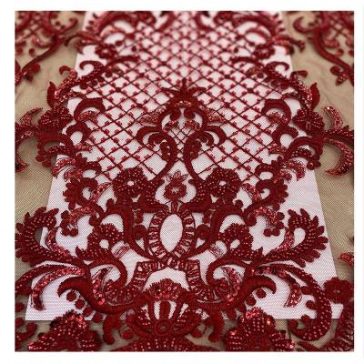 China Sustainable Sky Blue Guipure Beaded Embroidery Lace Fabric for sale