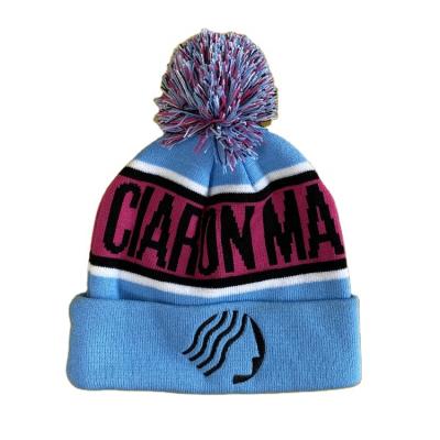 China 2022 JOINT Custom Women Fashion Jacquard Embroidery Winter Beanie Hats With Pom for sale