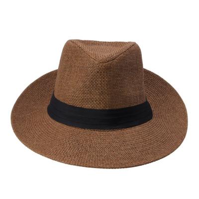 China Wide Rope Fedora Jazz Sun Helmet Straw Hats Panama Brim PU Belt Flat Unisex Striped Sun Hats And Caps for sale