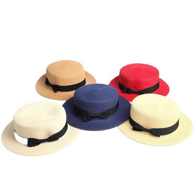 China Wholesale Striped Straw Beach Hat Flat Top Sun Straw Hat Lady Summer Sun Round Panama Hat for sale