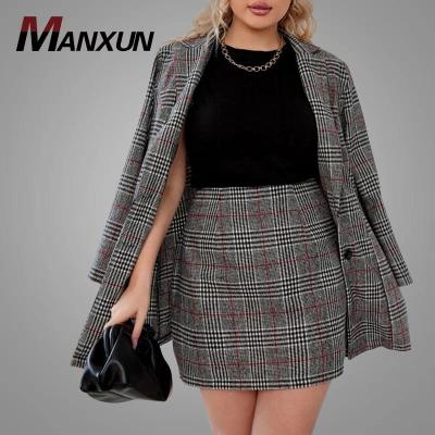 China Anti-Pilling Fashionable Lapel Coat Anti-Pilling Collar Two Piece Dress Set Women Oversized Wrap Hip Skirt Set Women Plaid Single Breasted Blazer Tracksuit Lady for sale