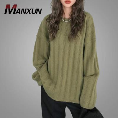 China Hot Sale Anti Wrinkle Ribbed Knit Oversized Solid Casual Blouses Ladies Sweater Neck Blouses Women Drop Shoulder Curvy Women Sweater for sale