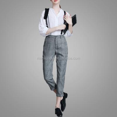 China Anti-pilling anti-pilling 2017 new fashion Gallus Trousers With Gray Grid pants retro special two-piece design with long white blouse bun pants for sale