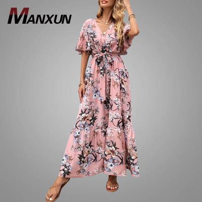 China wholesale Chiffon Surplice Front Floral Print Women's Maxi Dresses Women's Dress adjustable belt Anti-wrinkle Anti-Wrinkle Plus Size Women's Dresses for sale