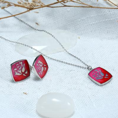 China Fashionable Delicate Red Gradient Enamel Rose Flower Brass Square Pendant Necklace and Stud Earrings Jewelry Set for sale